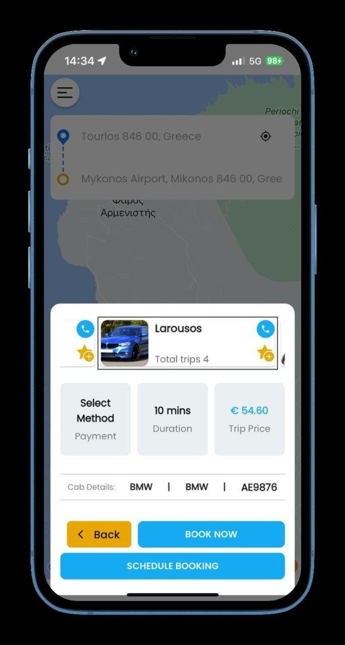 Screenshot of the MykonosRide app displaying driver information and estimated arrival time.