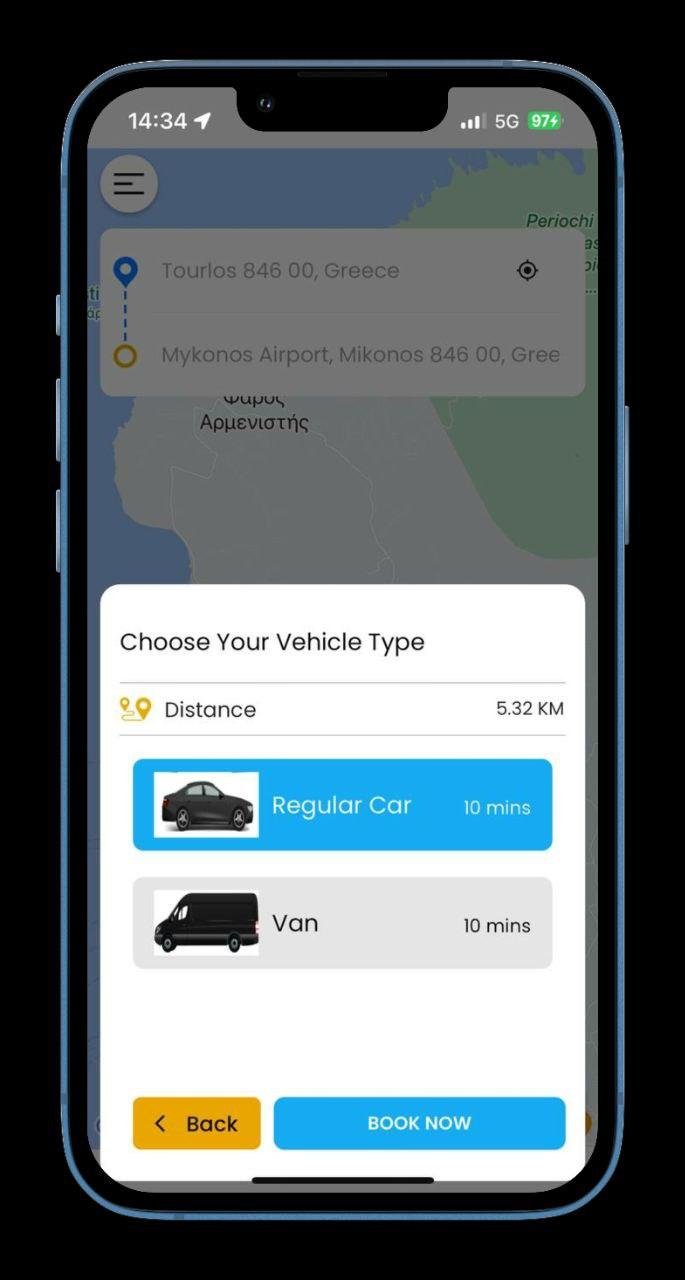Screenshot of the MykonosRide app showing the booking process for a taxi ride on Mykonos Island.